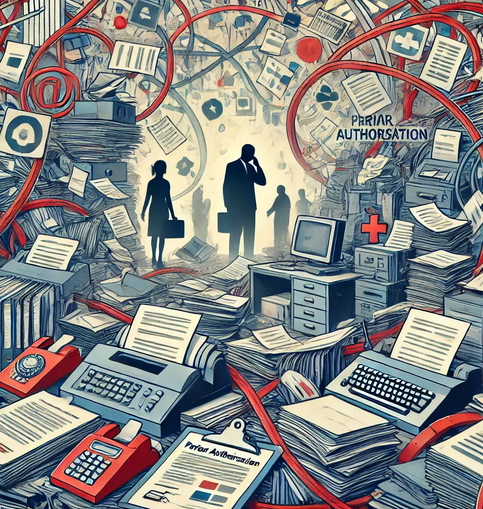 AI-generated illustration: figures lost among fax machines, paperwork and red tape labeled prior authorization