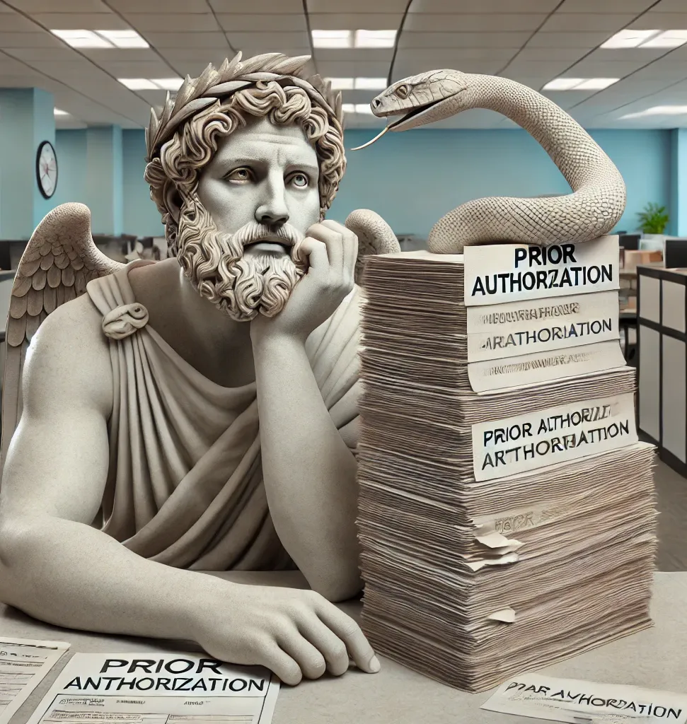 AI-generated illustration: a weary classical statue rests its head on its hand beside a towering stack of prior authorization forms